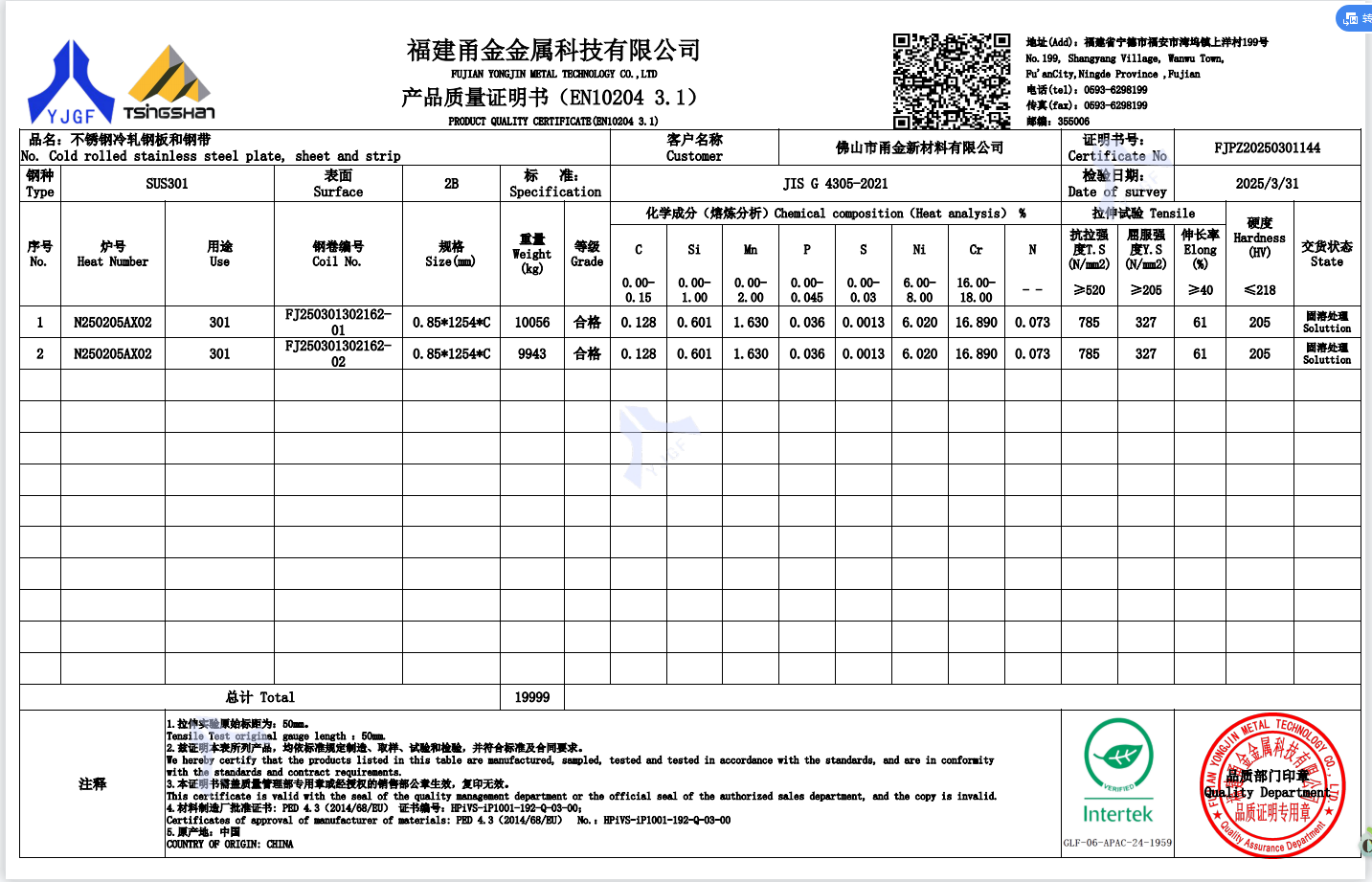 Mill test Certificate Yongjin stainless steel 301 2B