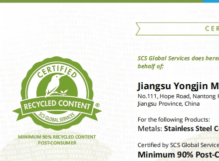 YONGJIN RCS 2.0 and SCS Recycled Content Certification for SUS301 and SUS304 Stainless Steel
