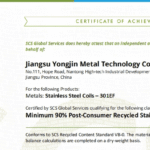 YONGJIN RCS 2.0 and SCS Recycled Content Certification for SUS301 and SUS304 Stainless Steel